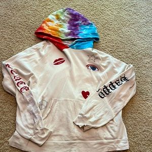 Lauren Moshi Hoodie. Cream/white with rainbow hood and color details.